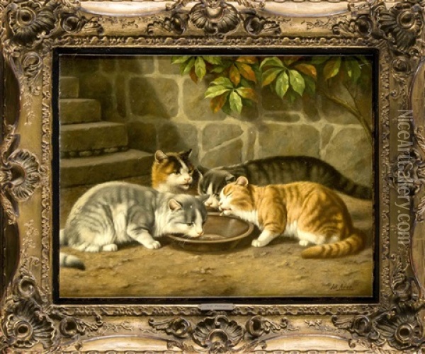 Vier Katzen Am Futternapf Oil Painting - Julius Adam the Younger