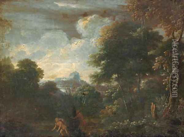 A wooded landscape with Pan and Ceres Oil Painting - Gaspard Dughet