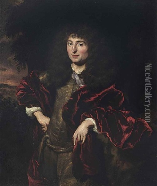 Portrait Of A Gentleman, Traditionally Identified As James Butler, 2nd Duke Of Ormonde, K.g. In A Golden Doublet And Red Mantle, A Wooded Landscape Beyond Oil Painting - Nicolaes Maes