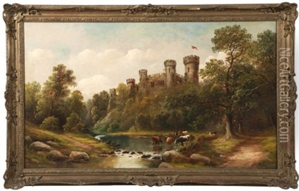 Cattle Watering In A River With Large Castle Beyond Oil Painting - Henry Hotham Harris