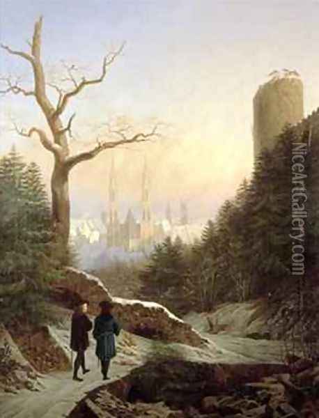 Winter Landscape with Gothic Church Oil Painting - Carl Wilhelm Goetzloff
