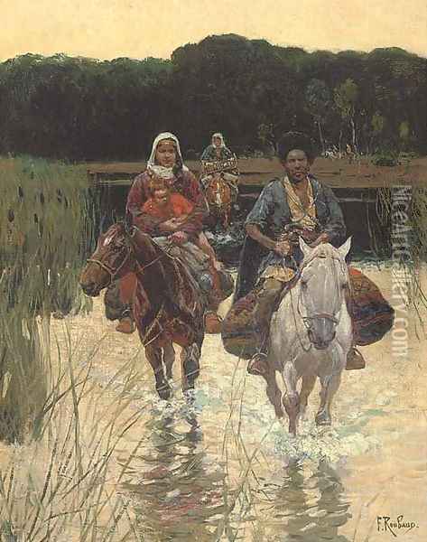 A Cherkesse family fording a river Oil Painting - Frants Alekseevich Rubo