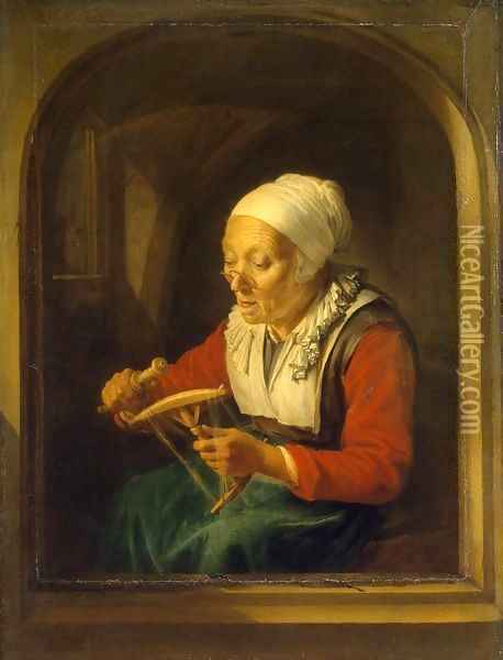 Old Woman Unreeling Threads Oil Painting - Gerrit Dou