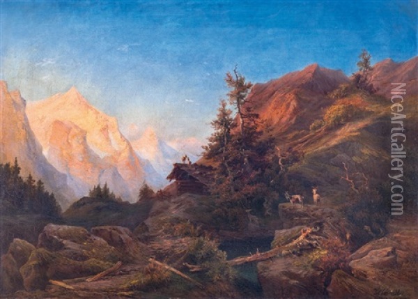 Romanticka Krajina (motiv Z Alp) Oil Painting - Josef Navratil