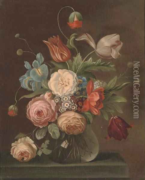 Roses, tulips, and other flowers in a glass vase with a snail and a fly on a ledge Oil Painting - Balthasar Van Der Ast