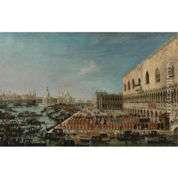 A View Of The Molo, Venice, Looking West With A Procession Of Ambassadors And Attendants Entering The Palazzo Ducale Oil Painting - Gabriel Bella