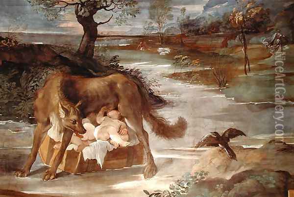 The She-Wolf Suckling Romulus and Remus, from the 'History of Romulus' cycle, c.1590 Oil Painting - Agostino Carracci