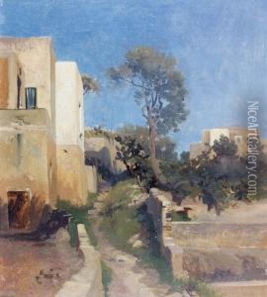 Gartenpartie Mit Hausern In Nordafrika. Oil Painting - Arthur Jean Bapt. Calame