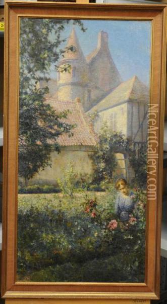 Female Figure Among Roses In A Garden Oil Painting - Martin Gwilt-Jolley