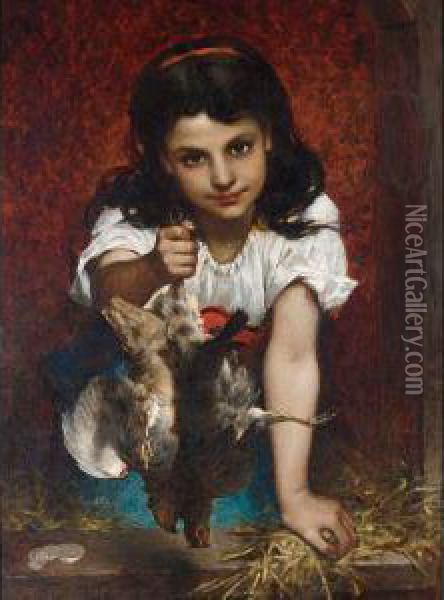 A Girl With Birds Oil Painting - Pierre-Louis-Joseph de Coninck