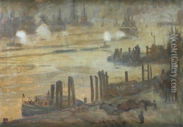 Graue Stimmung Im Hamburger Hafen Oil Painting - Carlos Grethe
