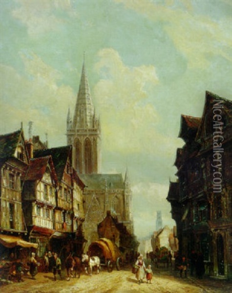 A Sunlit Townview With Figures Passing A Cathedral Oil Painting - Cornelis Christiaan Dommelshuizen