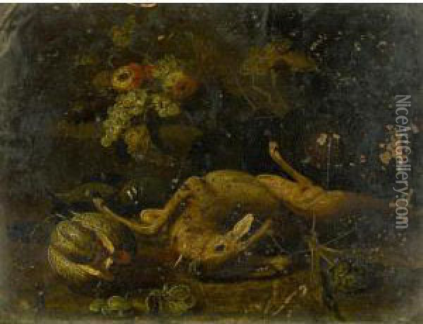 Still Life With A Deer, A Hound,
 An Artichoke, A Melon, Grapes And Other Fruit Together In A Landscape Oil Painting - Jan van Kessel