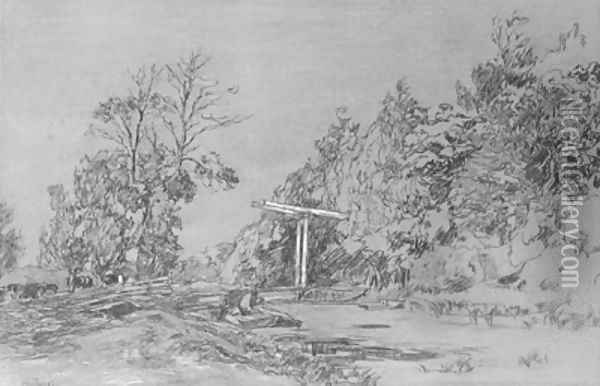 A wooded landsape with a peasant in a praam by a draw-bridge Oil Painting - Willem de Zwart