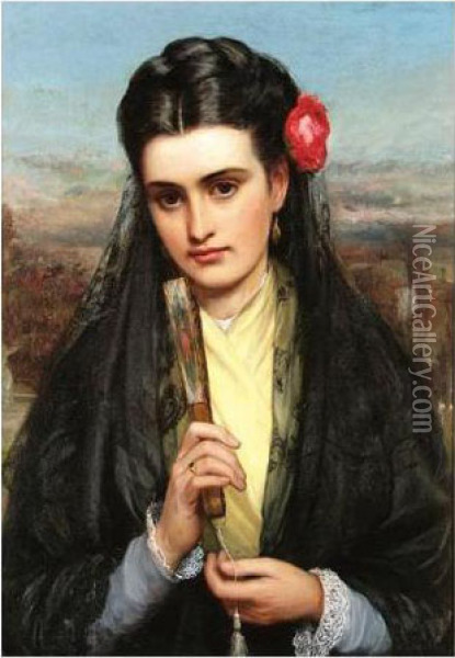 Portrait Of A Lady With A Fan Oil Painting - Charles Sillem Lidderdale