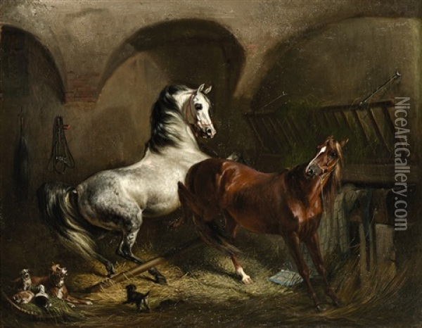 Vor Hundewelpen Scheuende Pferde Im Stall Oil Painting - Emil Adam