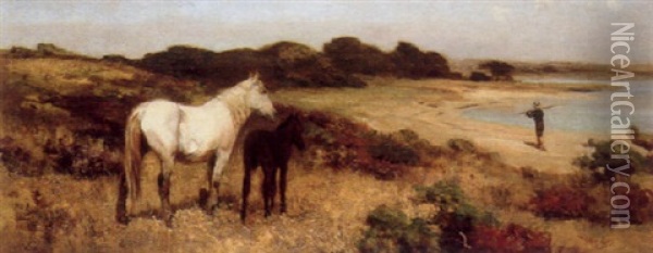 A Mare And Her Foal On A Beach Oil Painting - Arthur Lemon