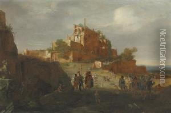 An Italianate Landscape With Soldiers And Ruins On A Hilltop Beyond Oil Painting - Bartholomeus Breenbergh