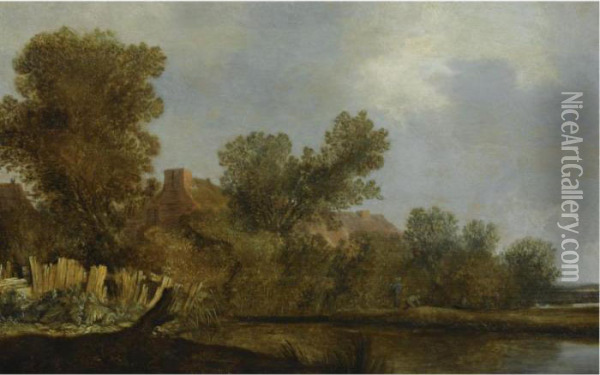 A River Landscape With Fishermen In A Boat, Near Farmhouses Oil Painting - Salomon van Ruysdael