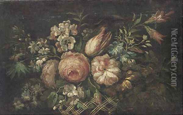 Roses, tulips, morning glory and other flowers in a basket Oil Painting - Jean-Baptiste Monnoyer