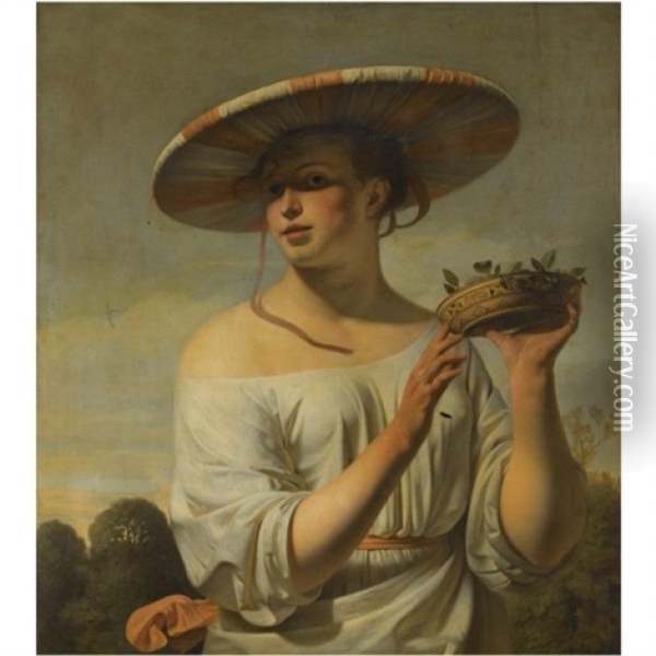 Girl Holding A Basket Of Plums Oil Painting - Cesar Boetius van Everdingen