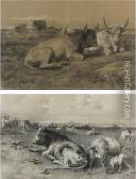 Cattle Resting And Cattle And Goats In A Landscape (two Works) Oil Painting - Rosa Bonheur