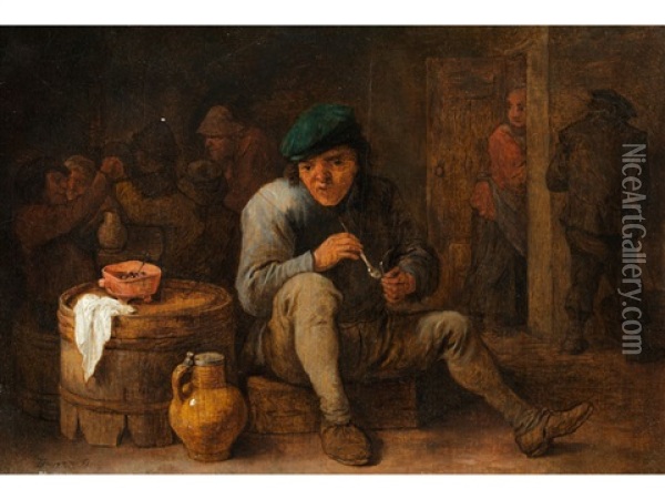 Junger Pfeifenraucher Neben Einem Fass Sitzend Oil Painting - David Teniers the Younger