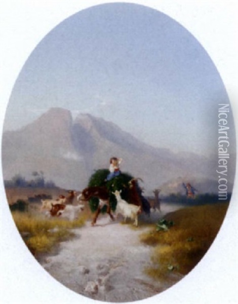 Chasing The Goats Oil Painting - Cesare Uva