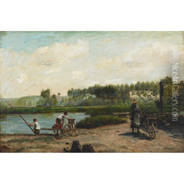 Young Workers Making Mud Bricks At River Oil Painting - John William Buxton Knight