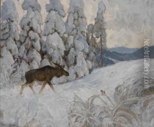 Vinterlandskap Med Elg Og Dompaper Oil Painting - Thorolf Holmboe