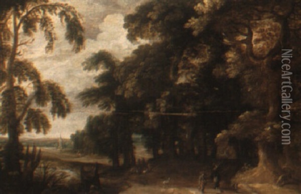 A Wooded River Landscape With A Hunting Party Oil Painting - Willem Van Den Bundel