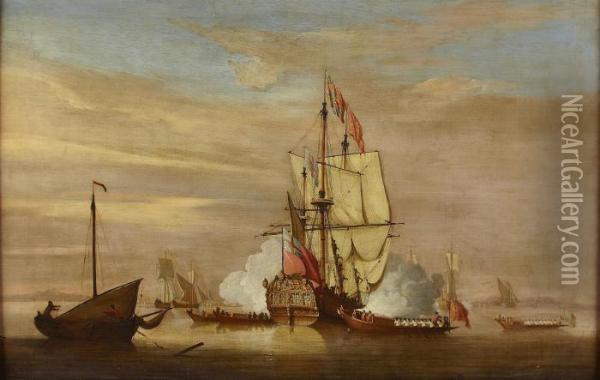 The Landfall Of The Royal Caroline, Firing A Salute Oil Painting - Peter Monamy