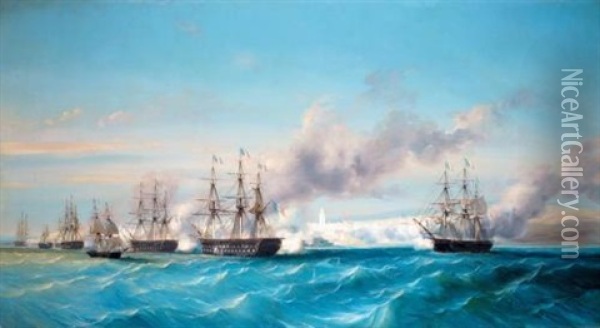 The French Naval Bombardment Of Mogador, Morocco, 15th August 1844 Oil Painting - Cheri Francois Marguerite Dubreuil