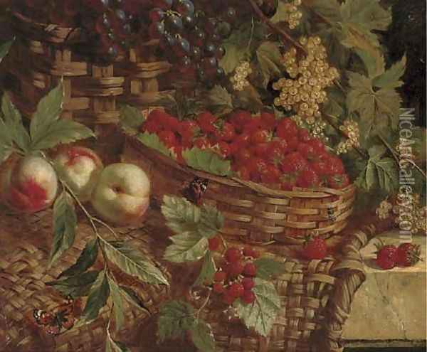 Strawberries, raspberries, grapes, peaches and elderberries in wicker baskets on a stone ledge Oil Painting - William Hughes