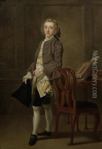 Portrait Of John Barber, Full-length, In A Brown Coat And Yellow Waistcoat, Standing, Holding A Tricorn Hat, In An Interior Oil Painting - Francis Hayman