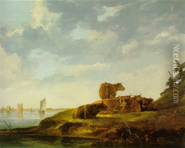 A River Landscape With Seven Cows And A Distant View Of The Tower Of Mervede Oil Painting - Aelbert Cuyp