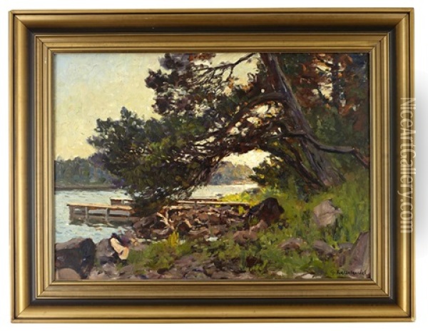 Strandkant Med Solbelyst Brygga Oil Painting - Gottfried Kallstenius