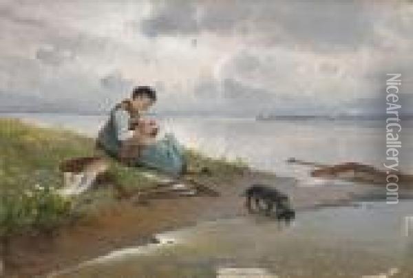 Mutter Mit Kind Und Dackel Am Seeufer Oil Painting - Karl Raupp