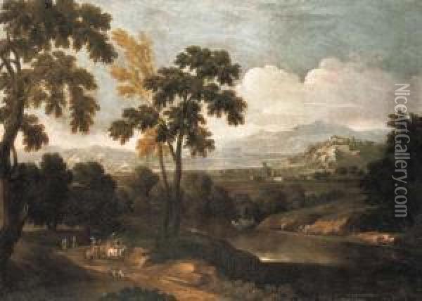 An Extensive River Landscape With A Hunting Party Oil Painting - Pandolfo Reschi