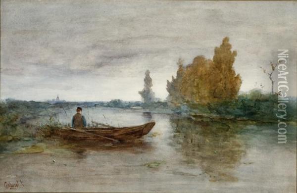 Fisherman In His Flatboat On A Canal Oil Painting - Paul Joseph Constantine Gabriel