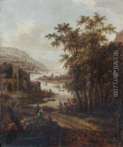Paysage Fluvial Anime De Personnages Oil Painting - Dionys Verburgh