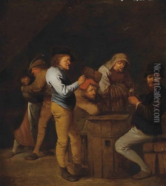 A Tavern Interior With Peasants Drinking Oil Painting - Pieter Jansz Quast