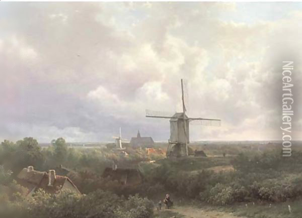 Windmills in a panoramic landscape in summer Oil Painting - Pieter Lodewijk Francisco Kluyver