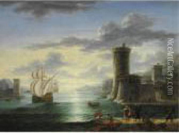 Marina All'alba Con Imbarcazioni, Figure E Un Paese Fortificato Sulla Destra Oil Painting - Orazio Grevenbroeck