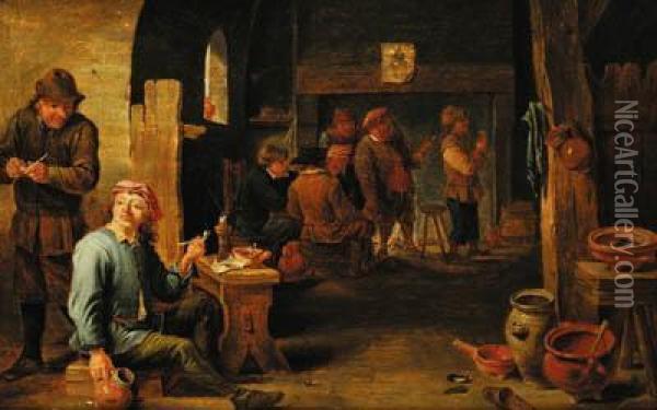 Figures In A Tavern Interior Oil Painting - David The Younger Teniers