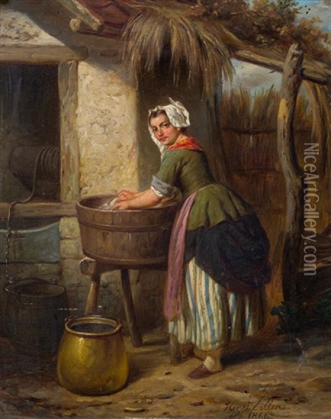 Die Wascherin Oil Painting - Hendrick Joseph Dillens