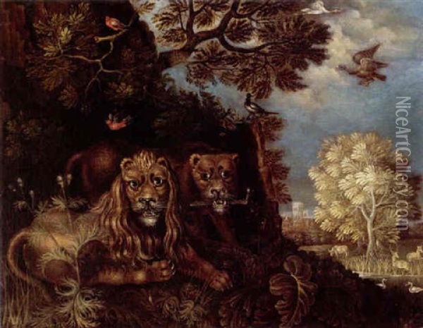 A Lion And Lioness In A Landscape Oil Painting - Roelandt Savery