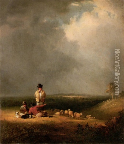 Shepherds On A Hillside With Their Flock Oil Painting - Nicholas Condy