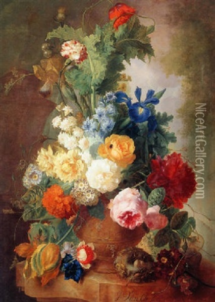 Flowers In A Terracotta Urn With A Bird's Nest On A Marble Ledge, A Garden Beyond Oil Painting - Jan van Os