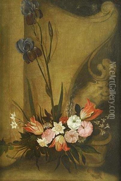 Pareja De Flores Sobre Fuentes Ornamentales Oil Painting - Antonio Ponce